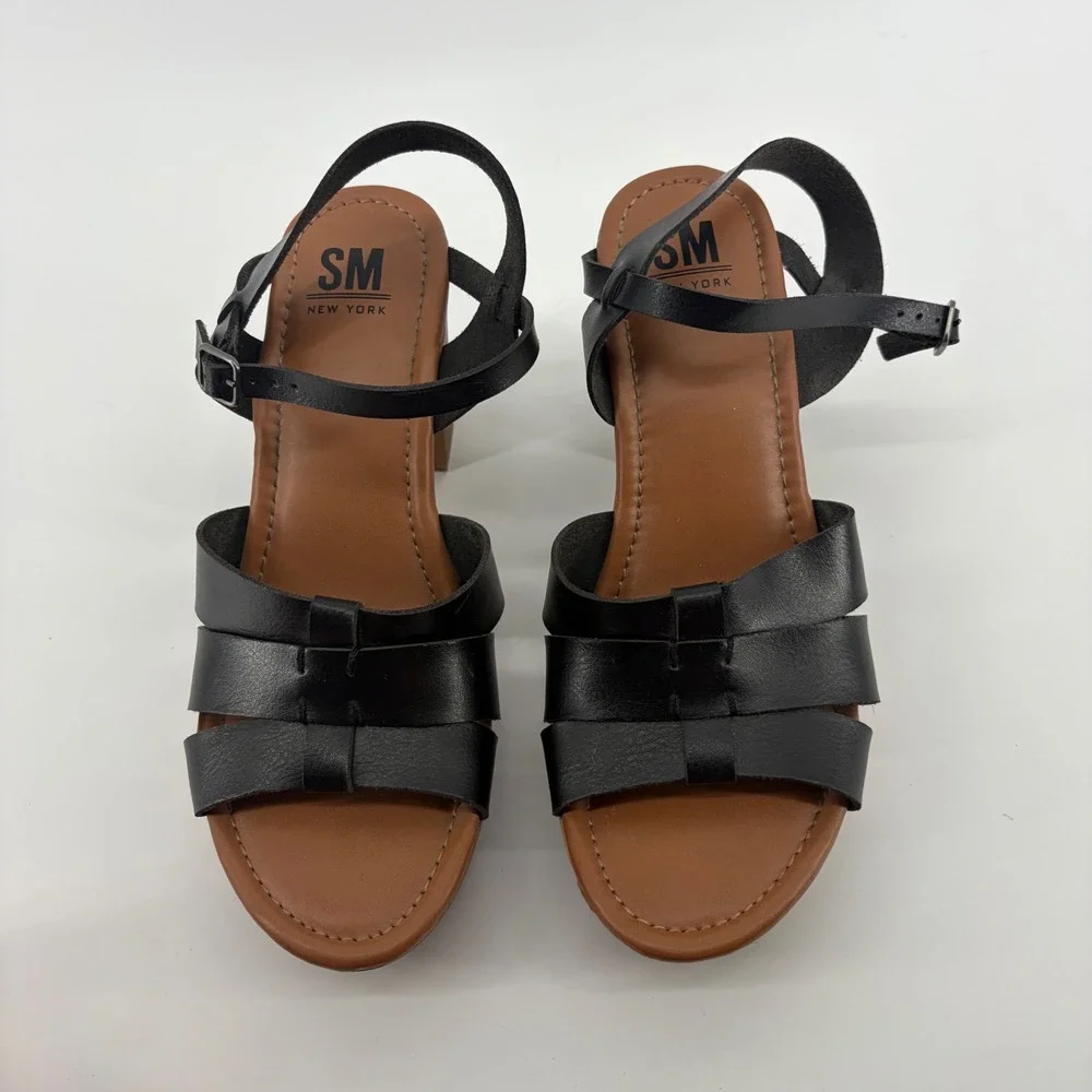 SM New York Womens 9.5 Black Winter Platform Block Heel Strappy Sandals
